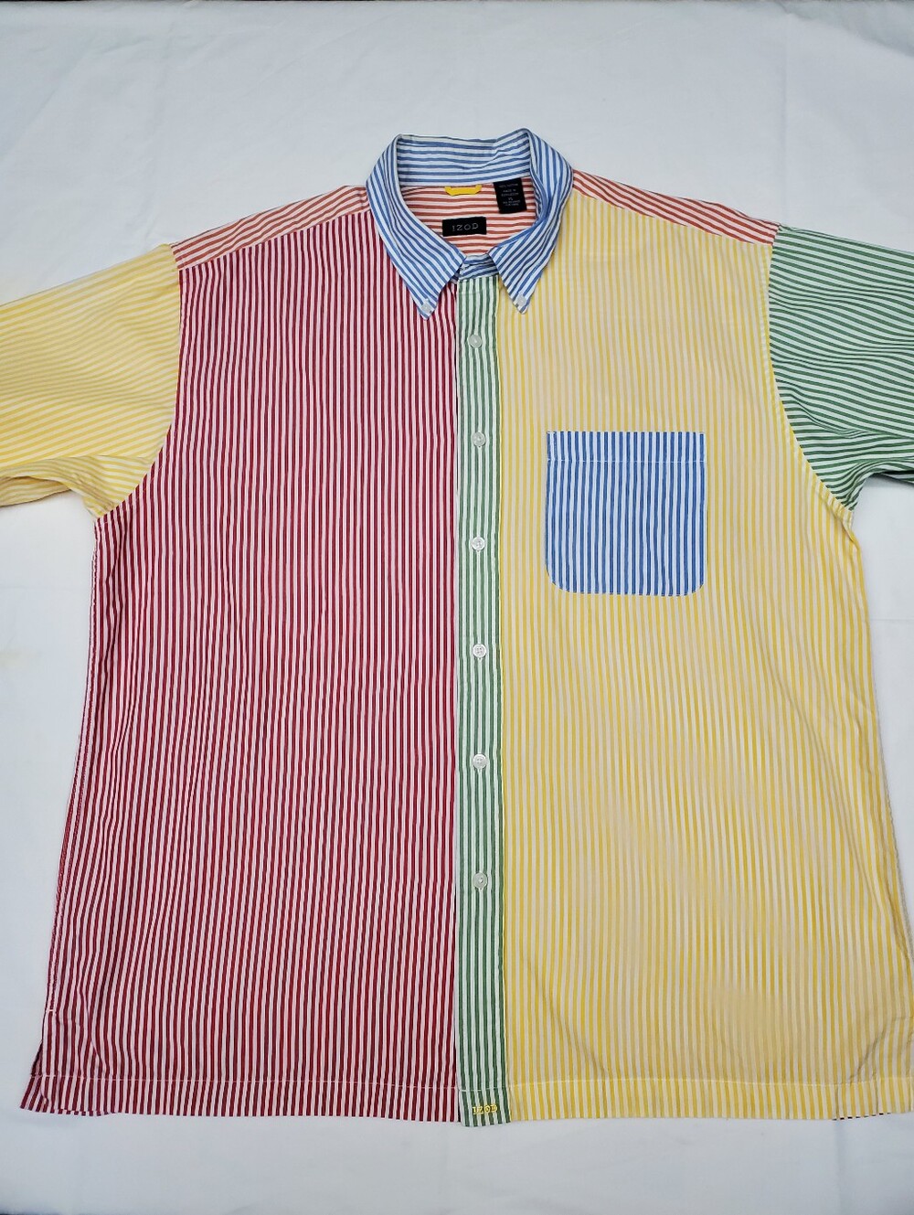 Izod Mens XL Colorblock Striped Button Down Shirt Red Yellow Green Blue Cotton